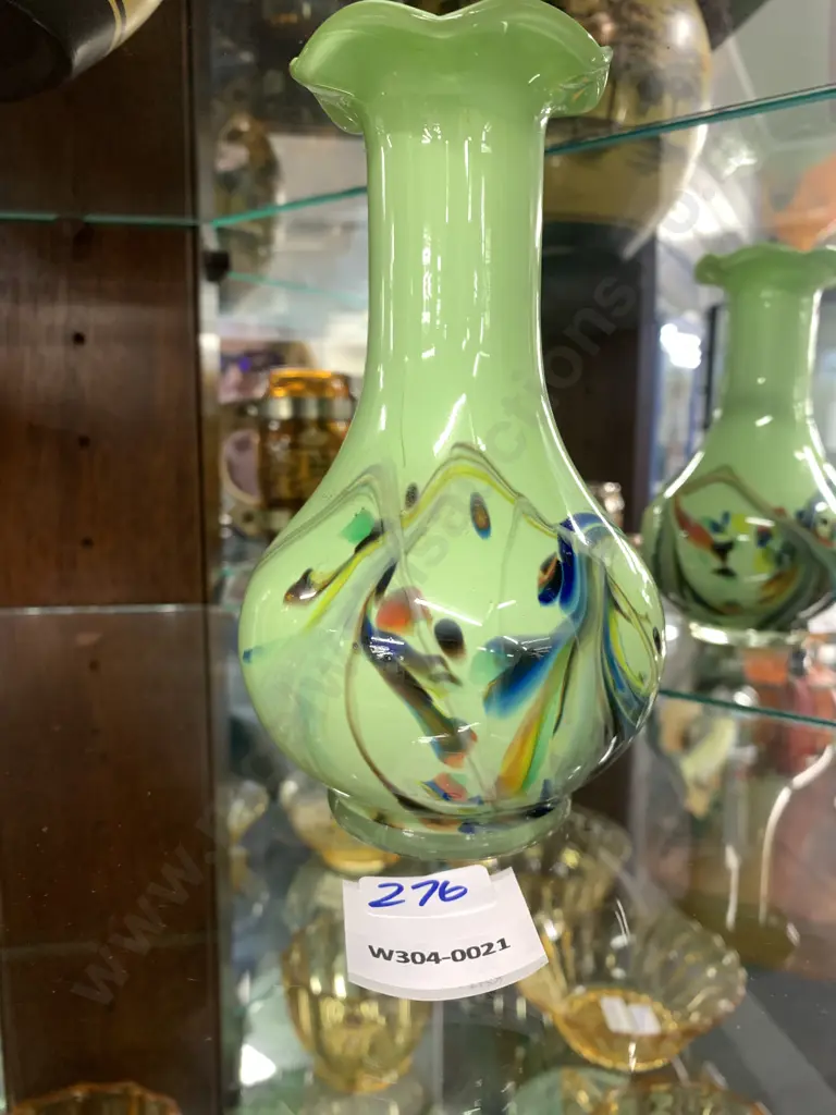 Art Glass Vase, Green Scalloped Rim, Multi Coloured Detail, H15cm Image 1++