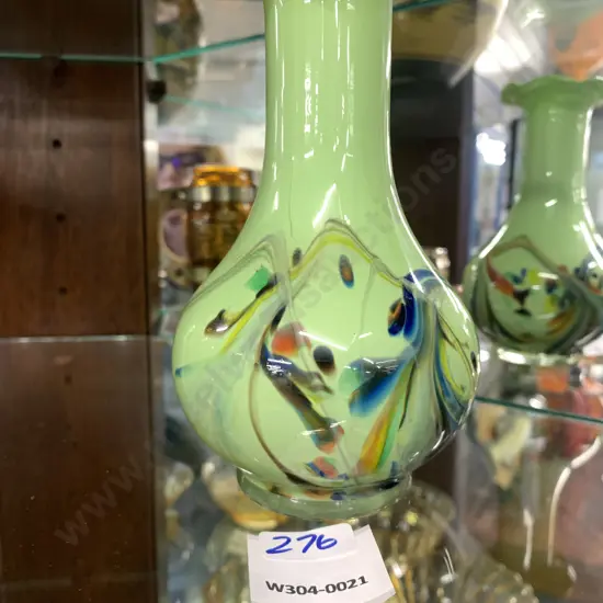 Art Glass Vase, Green Scalloped Rim, Multi Coloured Detail, H15cm