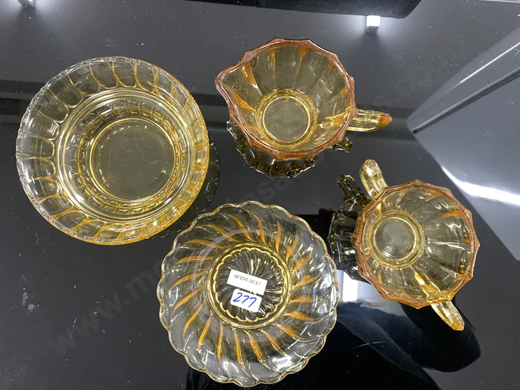 Vintage Art Deco Amber Glass Bowls, Creamer & Sugar Bowl Image 1++