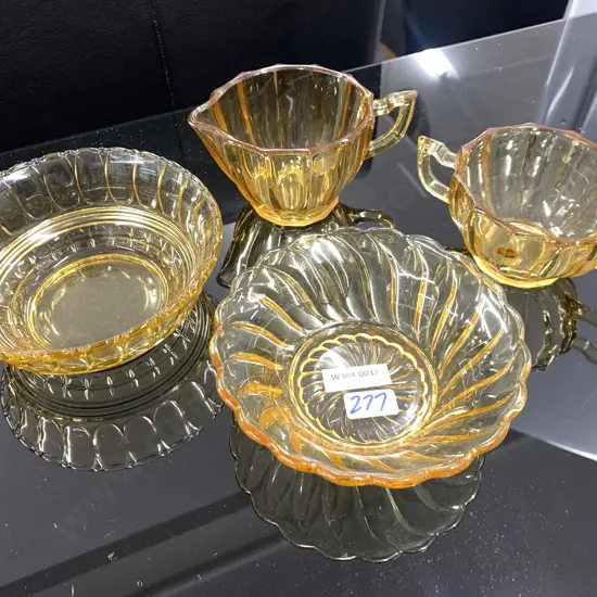 Vintage Art Deco Amber Glass Bowls, Creamer & Sugar Bowl