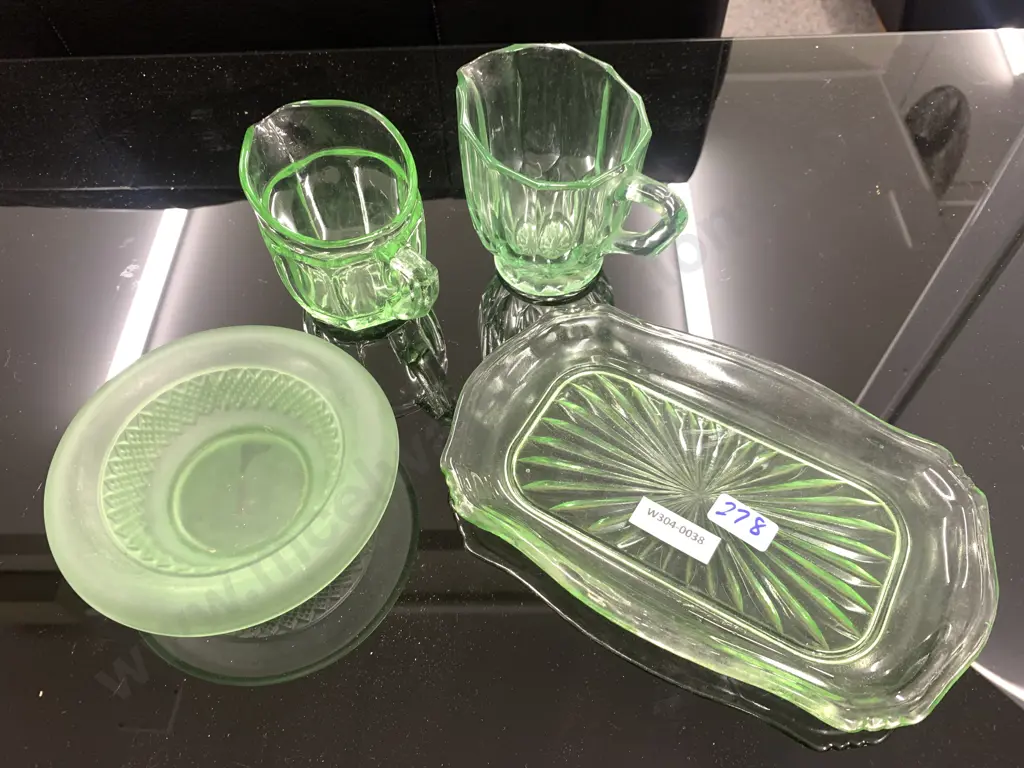 Vintage Art Deco Green Glass Jugs x 2, Platter & Dish Image 1++