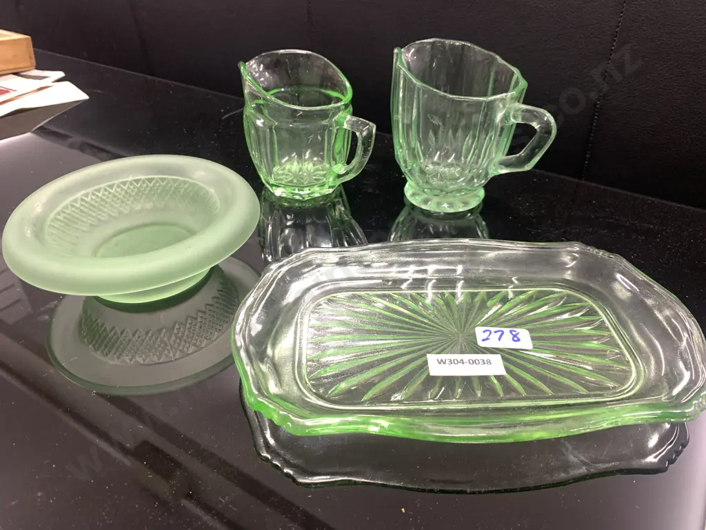 Vintage Art Deco Green Glass Jugs x 2, Platter & Dish Image 1++