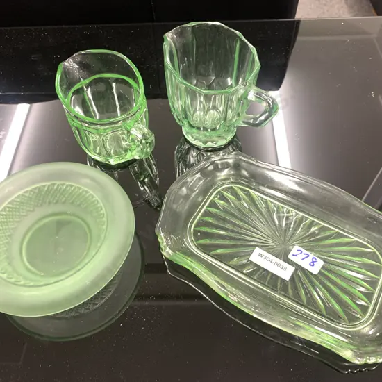 Vintage Art Deco Green Glass Jugs x 2, Platter & Dish