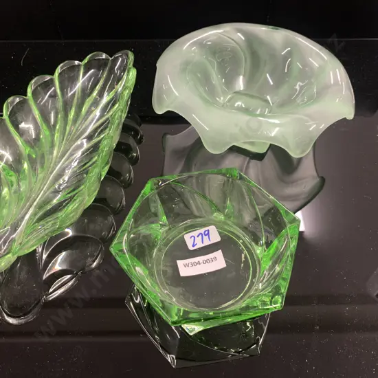 Vintage Art Deco Frosted Green Footed Bowl, Green Glass Leaf Dish And Green Bowl