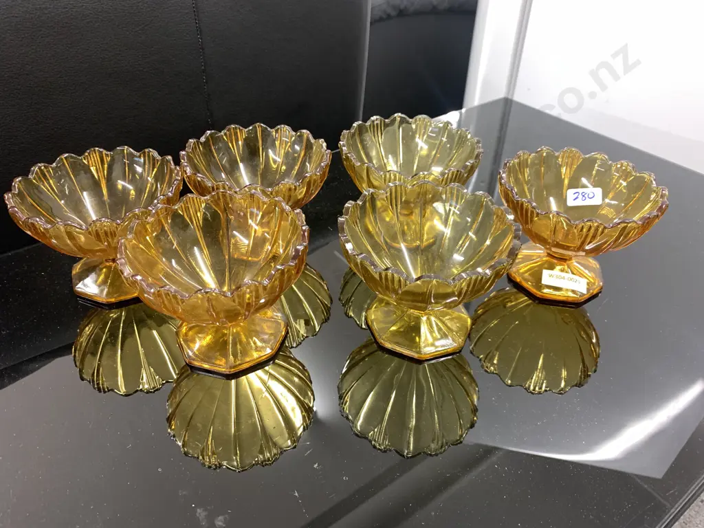 Set of 6 Art Deco Vintage Amber Glass Sundae Dishes With Scalloped Rims Image 1++