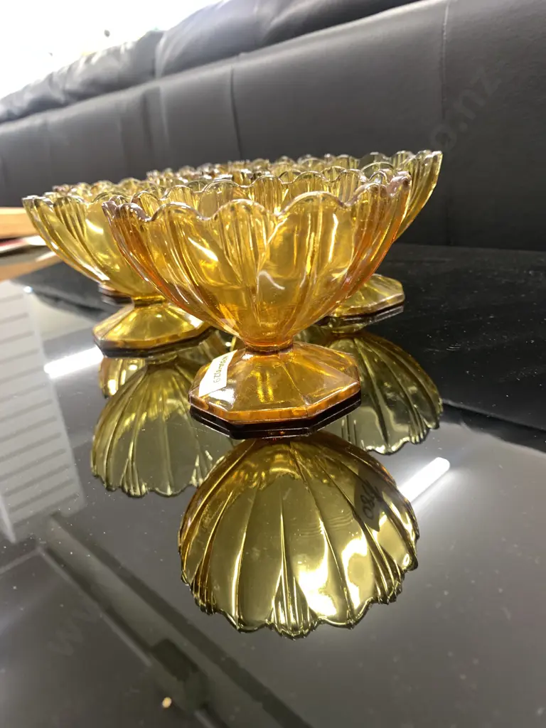 Set of 6 Art Deco Vintage Amber Glass Sundae Dishes With Scalloped Rims Image 1++