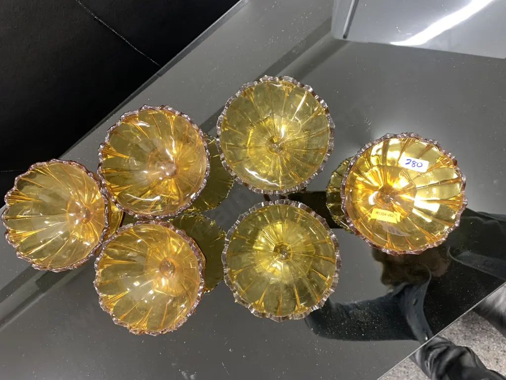 Set of 6 Art Deco Vintage Amber Glass Sundae Dishes With Scalloped Rims Image 1++