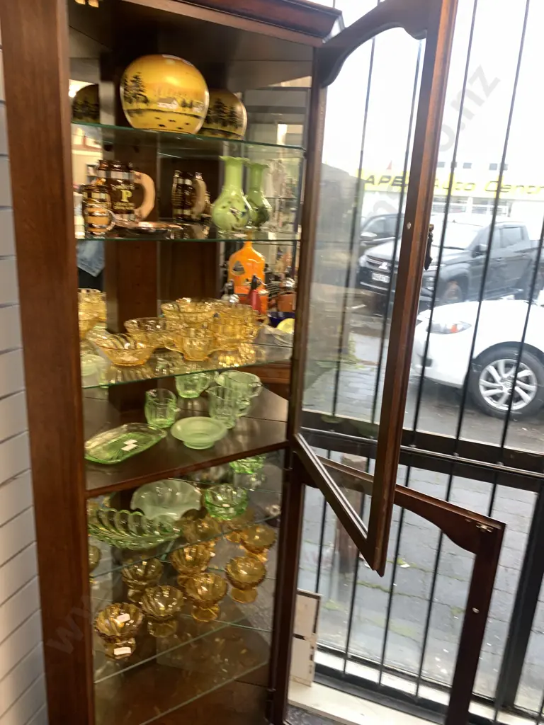 Mahogany Corner China Cabinet, 2 Glass Doors, Mirror Interior, 6 Glass Shelves, H181 W70cm Image 1++