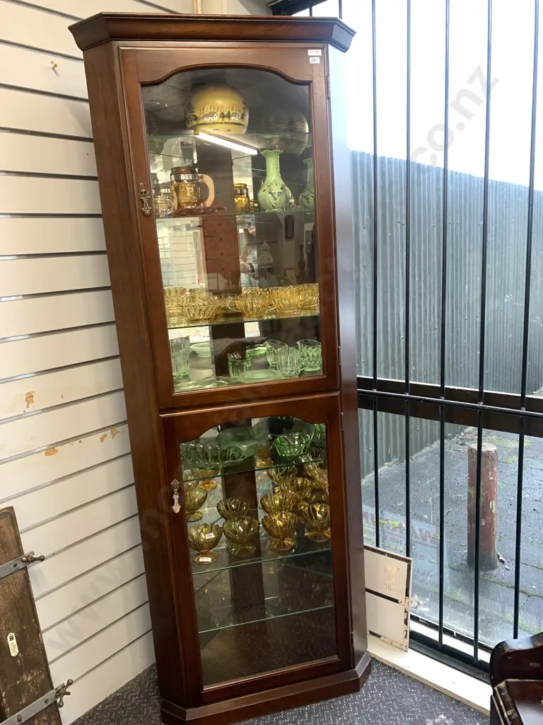 Mahogany Corner China Cabinet, 2 Glass Doors, Mirror Interior, 6 Glass Shelves, H181 W70cm Image 1++