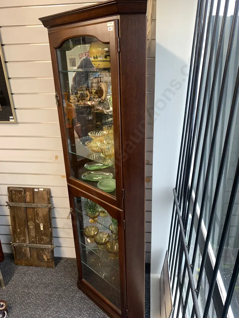 Mahogany Corner China Cabinet, 2 Glass Doors, Mirror Interior, 6 Glass Shelves, H181 W70cm Image 1++