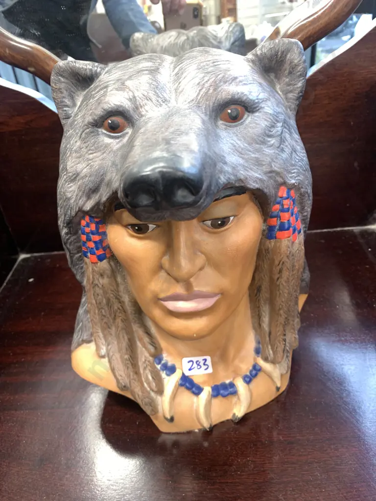 Retro Terracotta Indian Bust With Coyote Image 1++