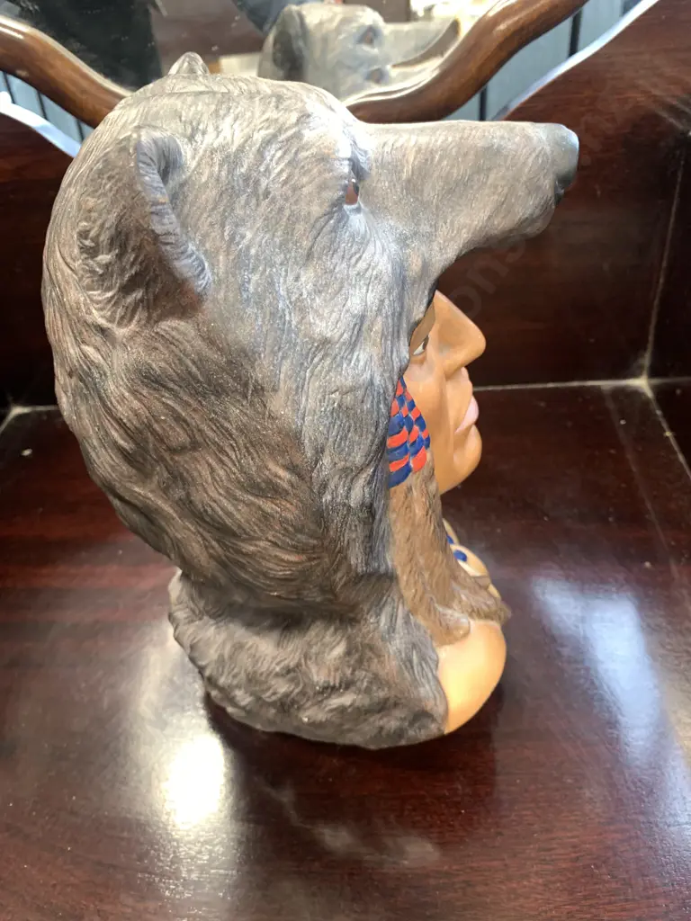 Retro Terracotta Indian Bust With Coyote Image 1++