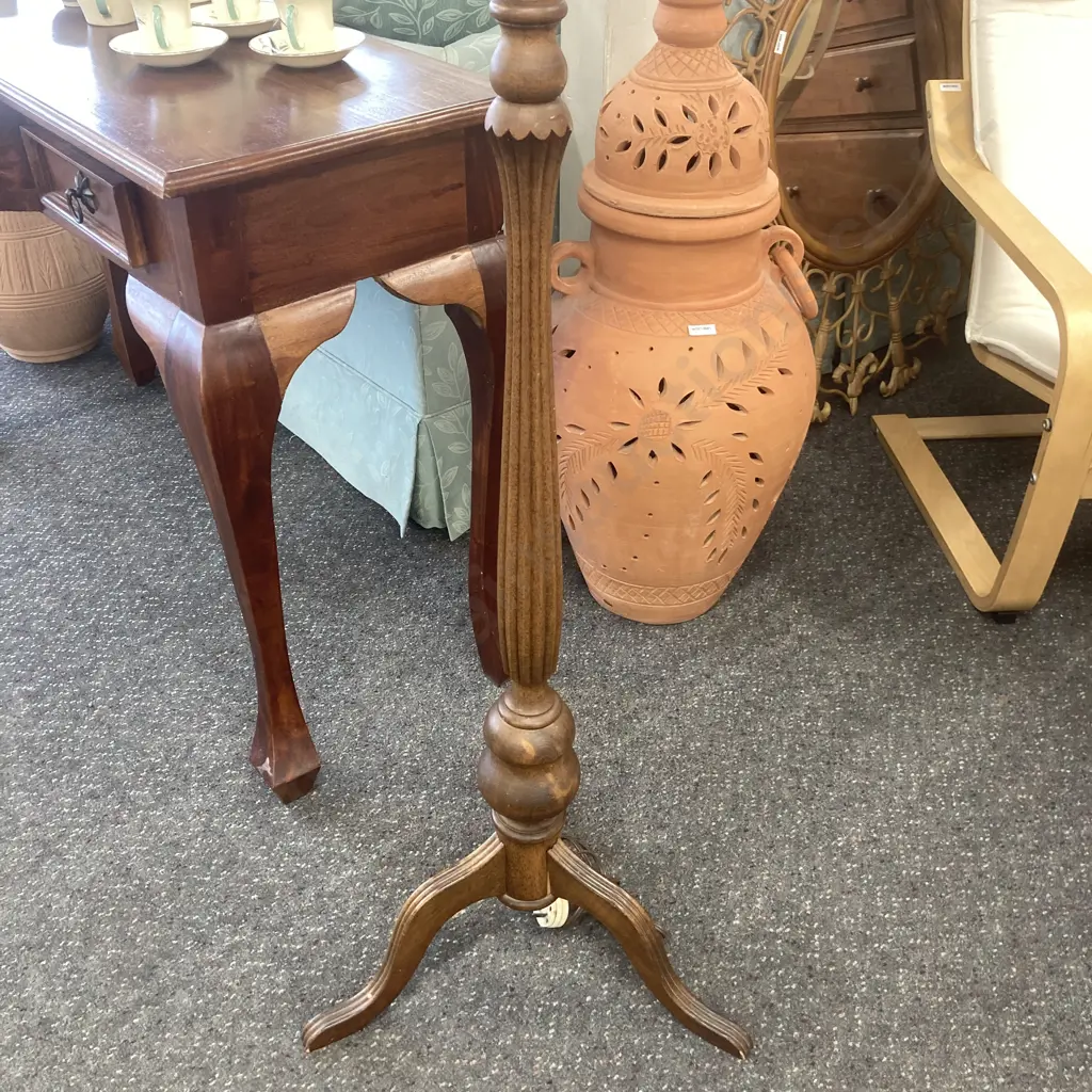 Oak Standard Lamp With A Burgundy & Silver Colour Shade Image 1++