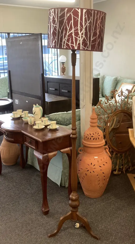 Oak Standard Lamp With A Burgundy & Silver Colour Shade Image 1++