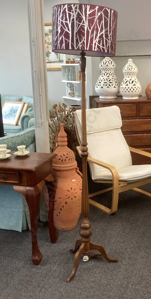 Oak Standard Lamp With A Burgundy & Silver Colour Shade Image 1++