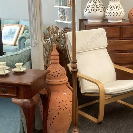 Oak Standard Lamp With A Burgundy & Silver Colour Shade