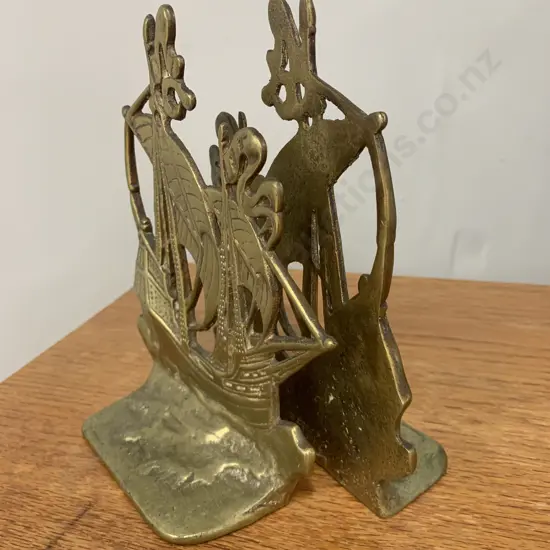 Pair Of Vintage Brass Sailing Ship Bookends H21cm, W17cm.