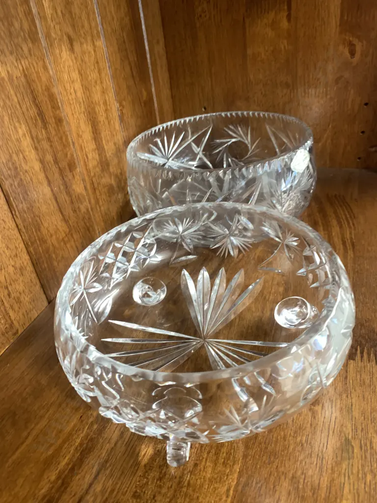 Vintage Genuine Hand Cut Crystal Bowl & Round Tri Legged Crystal Bowl Image 1++