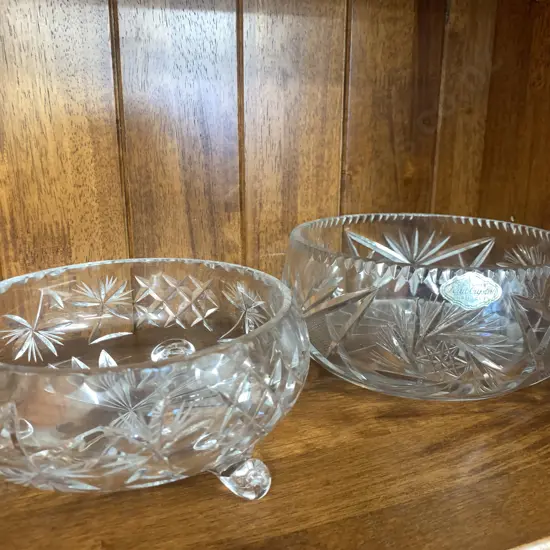 Vintage Genuine Hand Cut Crystal Bowl & Round Tri Legged Crystal Bowl