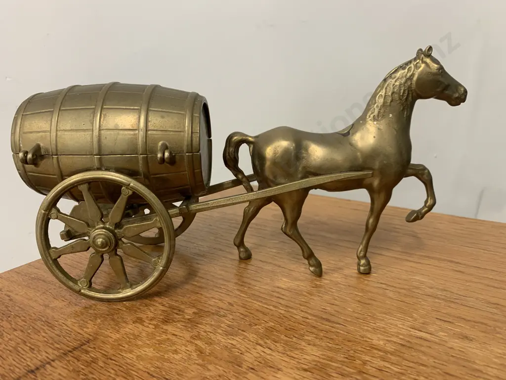 Vintage Brass Horse Drawn Brewery Barrel Cart Money Bank Italian Made L28cm Image 1++