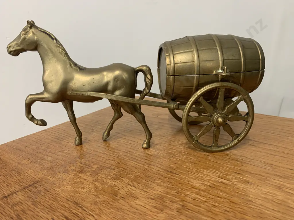 Vintage Brass Horse Drawn Brewery Barrel Cart Money Bank Italian Made L28cm Image 1++