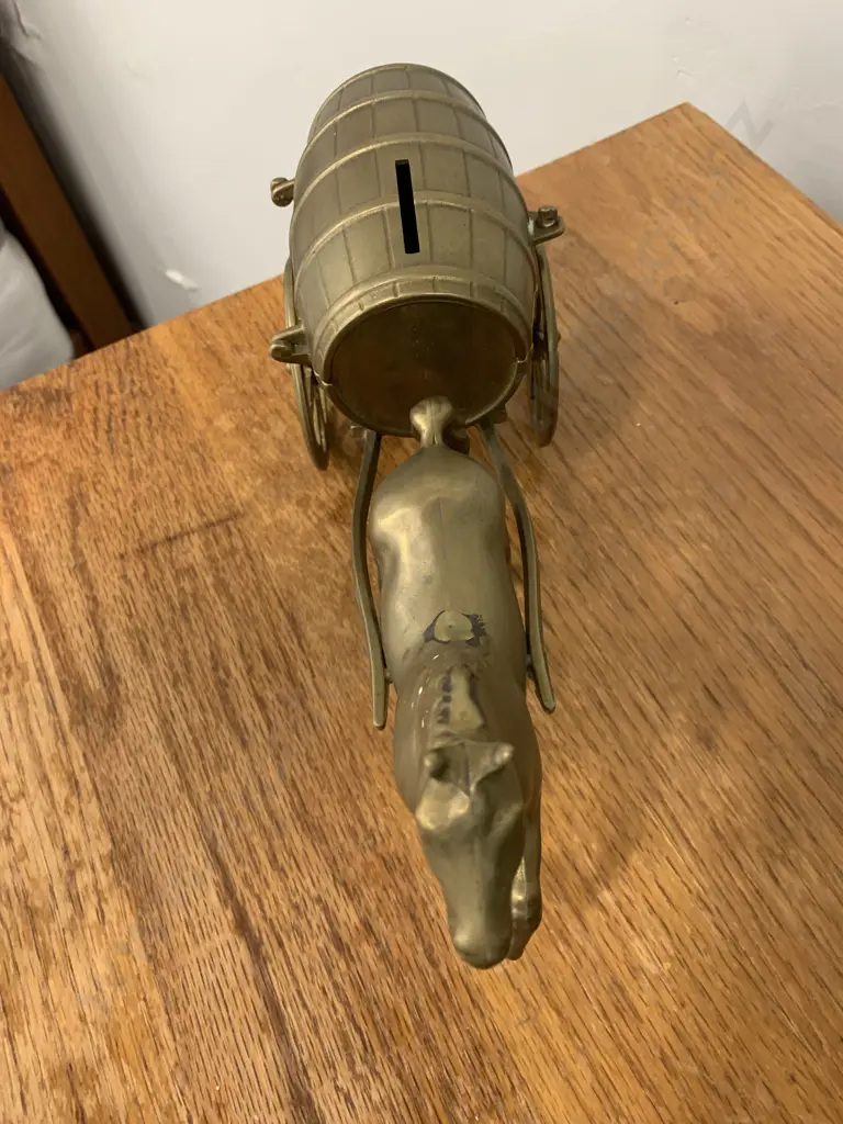 Vintage Brass Horse Drawn Brewery Barrel Cart Money Bank Italian Made L28cm Image 1++