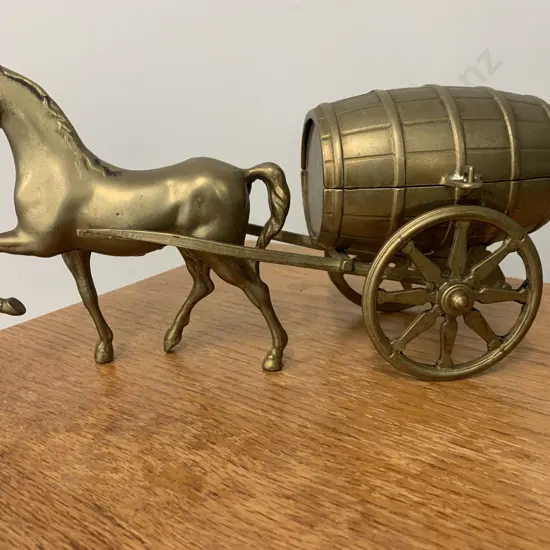 Vintage Brass Horse Drawn Brewery Barrel Cart Money Bank Italian Made L28cm