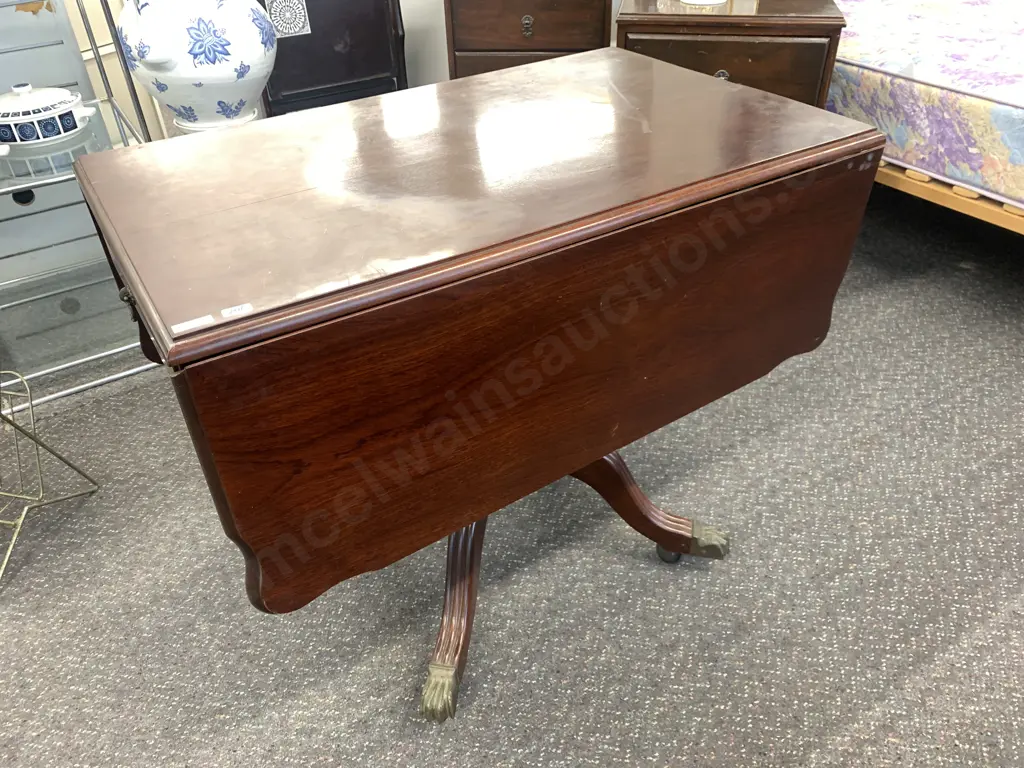 Mahogany Drop leaf Table, 2 Drawer, Single Pedestal, Brass Feet On Castors, H72 W87.5 D57/116cm Image 1++