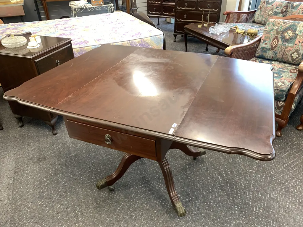 Mahogany Drop leaf Table, 2 Drawer, Single Pedestal, Brass Feet On Castors, H72 W87.5 D57/116cm Image 1++
