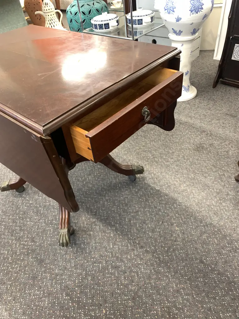 Mahogany Drop leaf Table, 2 Drawer, Single Pedestal, Brass Feet On Castors, H72 W87.5 D57/116cm Image 1++