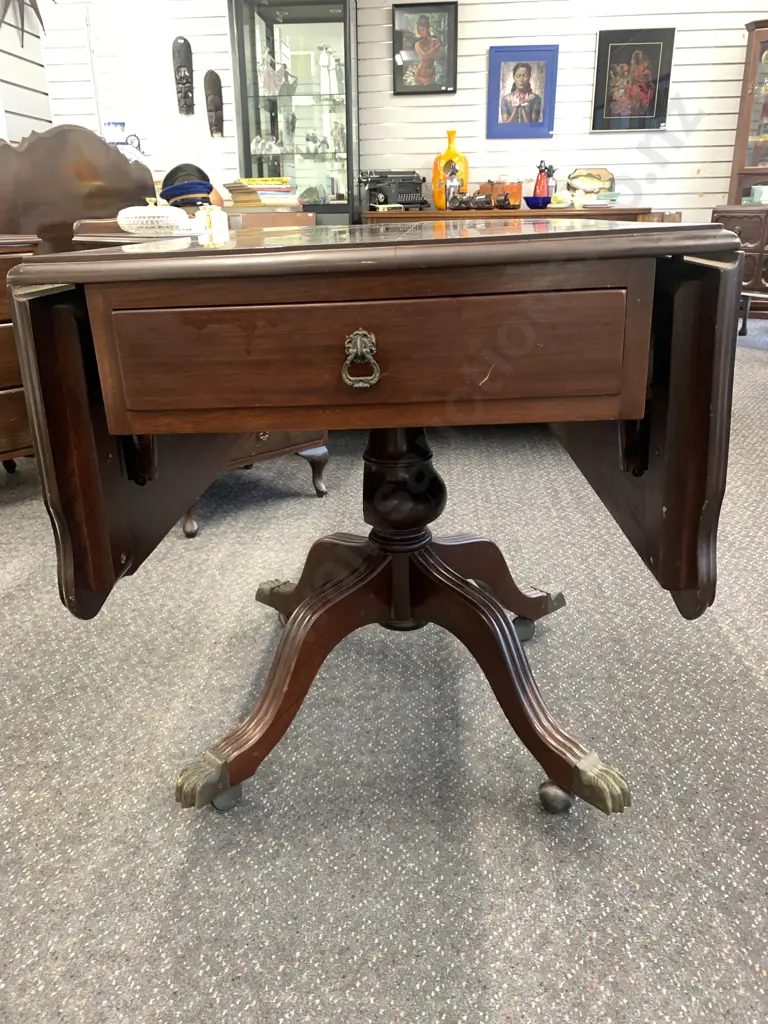 Mahogany Drop leaf Table, 2 Drawer, Single Pedestal, Brass Feet On Castors, H72 W87.5 D57/116cm Image 1++