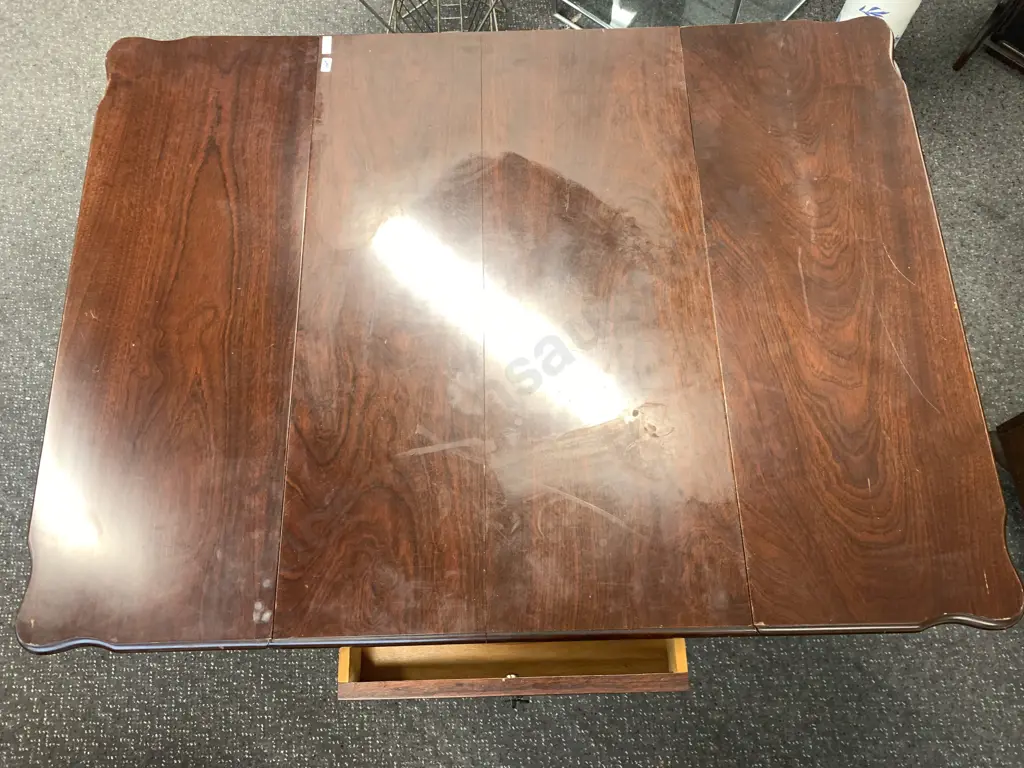 Mahogany Drop leaf Table, 2 Drawer, Single Pedestal, Brass Feet On Castors, H72 W87.5 D57/116cm Image 1++