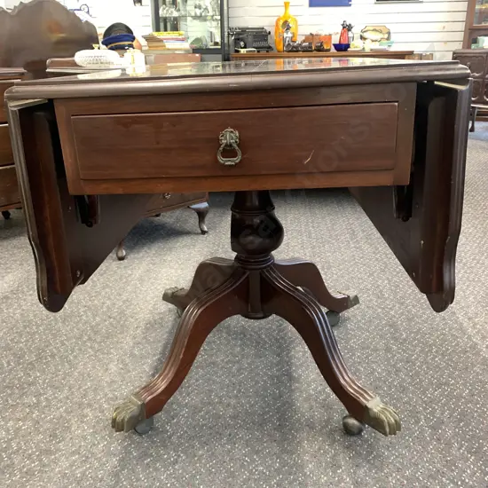 Mahogany Drop leaf Table, 2 Drawer, Single Pedestal, Brass Feet On Castors, H72 W87.5 D57/116cm