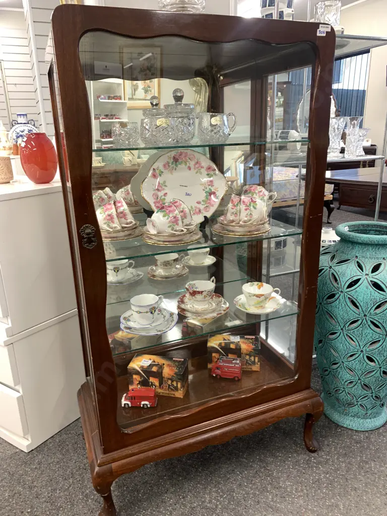 Mahogany China Display Cabinet, 3 Glass Shelves, Mirror Backed, Cab Legs, H120 W70 D38cm Image 1++