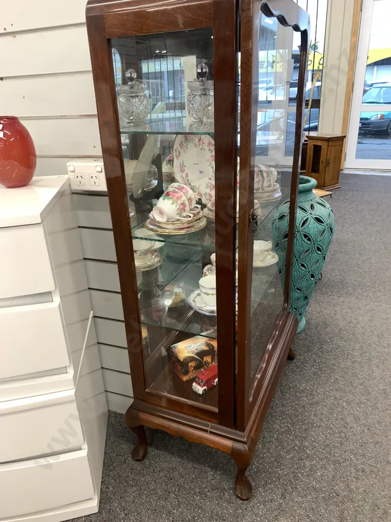 Mahogany China Display Cabinet, 3 Glass Shelves, Mirror Backed, Cab Legs, H120 W70 D38cm Image 1++