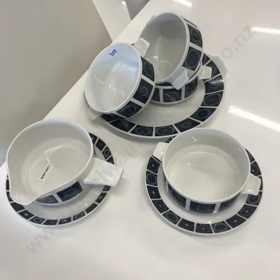 Vintage Midwinter Marquis Of Queensbury Madeira Pattern Serving Platters x 2, Gravy Jug, 4 Soup Bowls & 3 Under Dishes