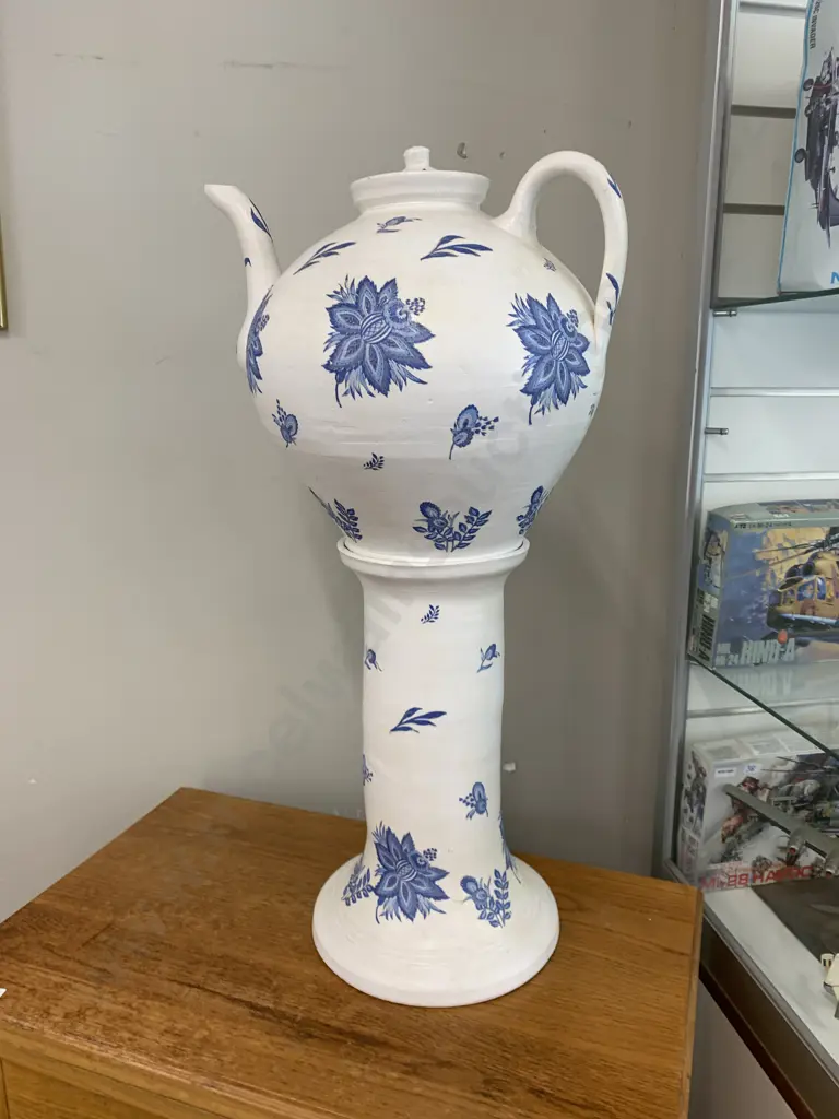 Large Blue & White Floral Teapot On Pedestal, H62cm Image 1++