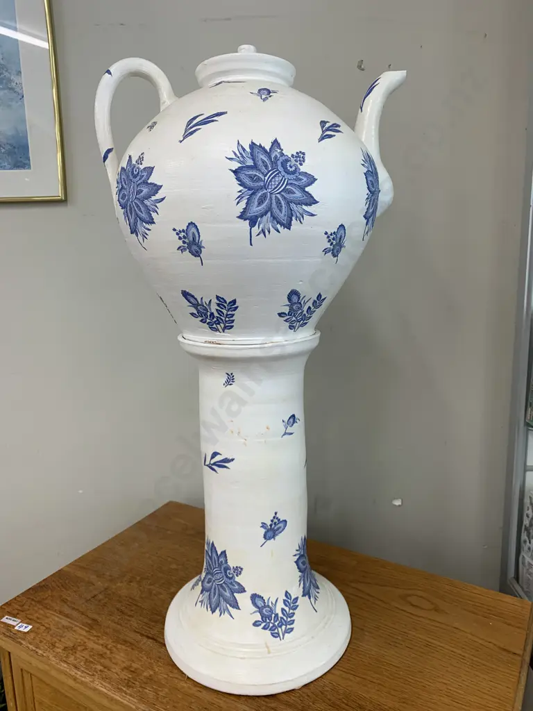 Large Blue & White Floral Teapot On Pedestal, H62cm Image 1++