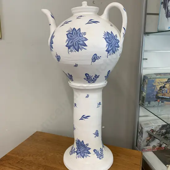 Large Blue & White Floral Teapot On Pedestal, H62cm