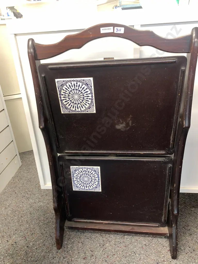 Vintage Mahogany Stained Fold Up 2 Tier Shelf Unit With Blue / White Tile Detail Image 1++