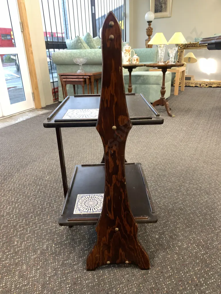 Vintage Mahogany Stained Fold Up 2 Tier Shelf Unit With Blue / White Tile Detail Image 1++