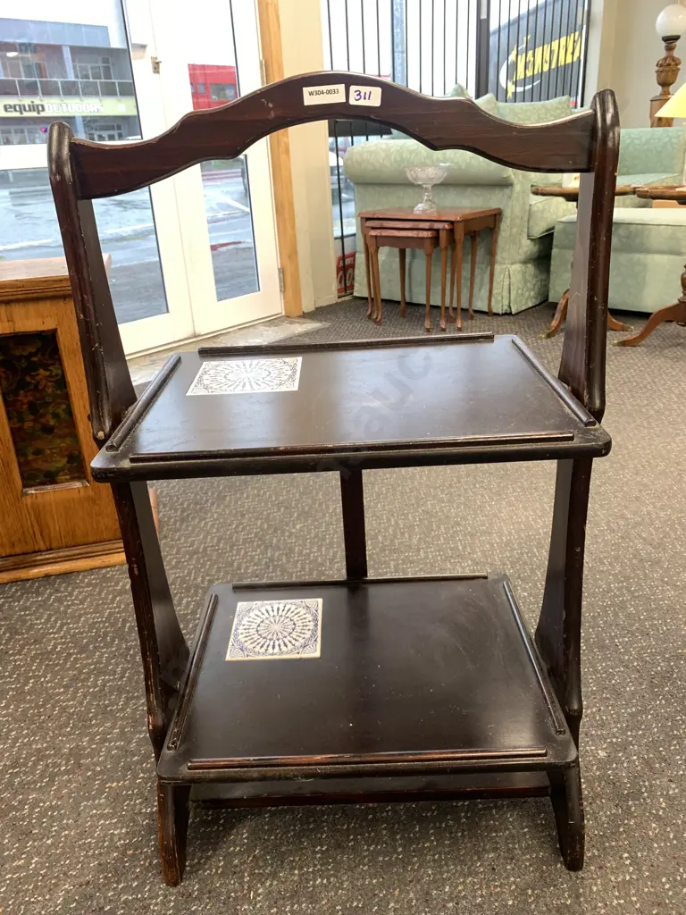 Vintage Mahogany Stained Fold Up 2 Tier Shelf Unit With Blue / White Tile Detail Image 1++