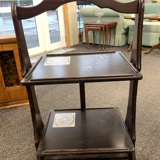 Vintage Mahogany Stained Fold Up 2 Tier Shelf Unit With Blue / White Tile Detail