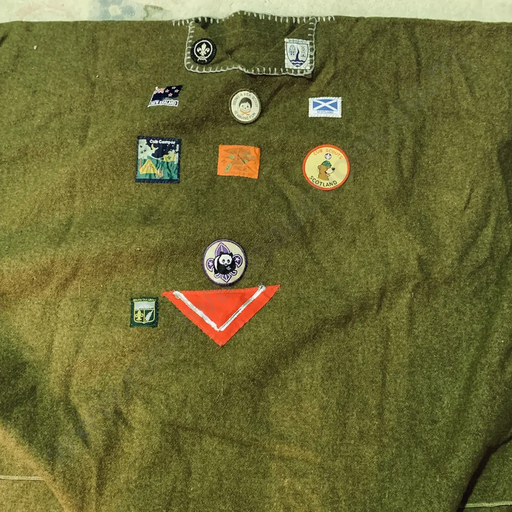Large Vintage Wool Scouts Poncho. Sage Green with Applied patches and Scout insignia with wooden folding seat Image 1++