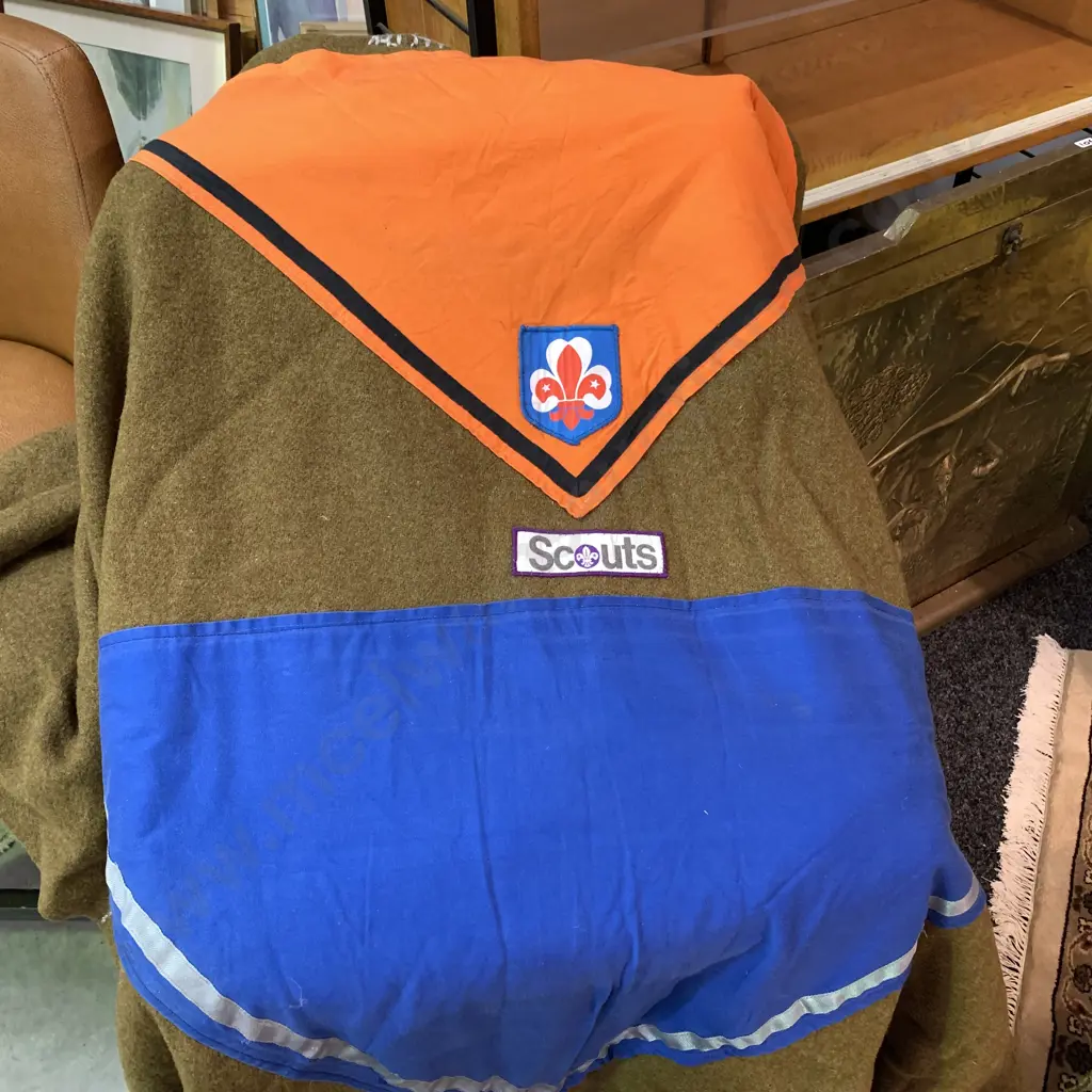 Large Vintage Wool Scouts Poncho. Sage Green with Applied patches and Scout insignia with wooden folding seat Image 1++