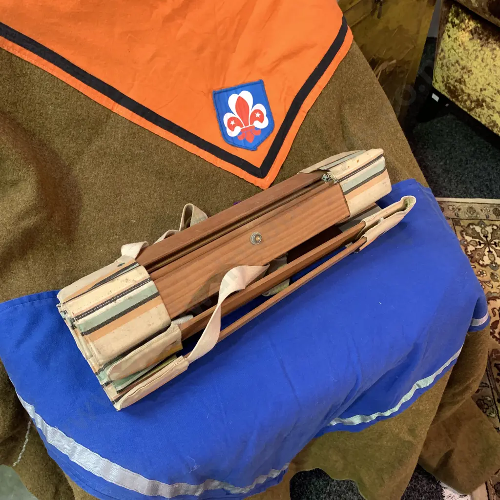 Large Vintage Wool Scouts Poncho. Sage Green with Applied patches and Scout insignia with wooden folding seat Image 1++
