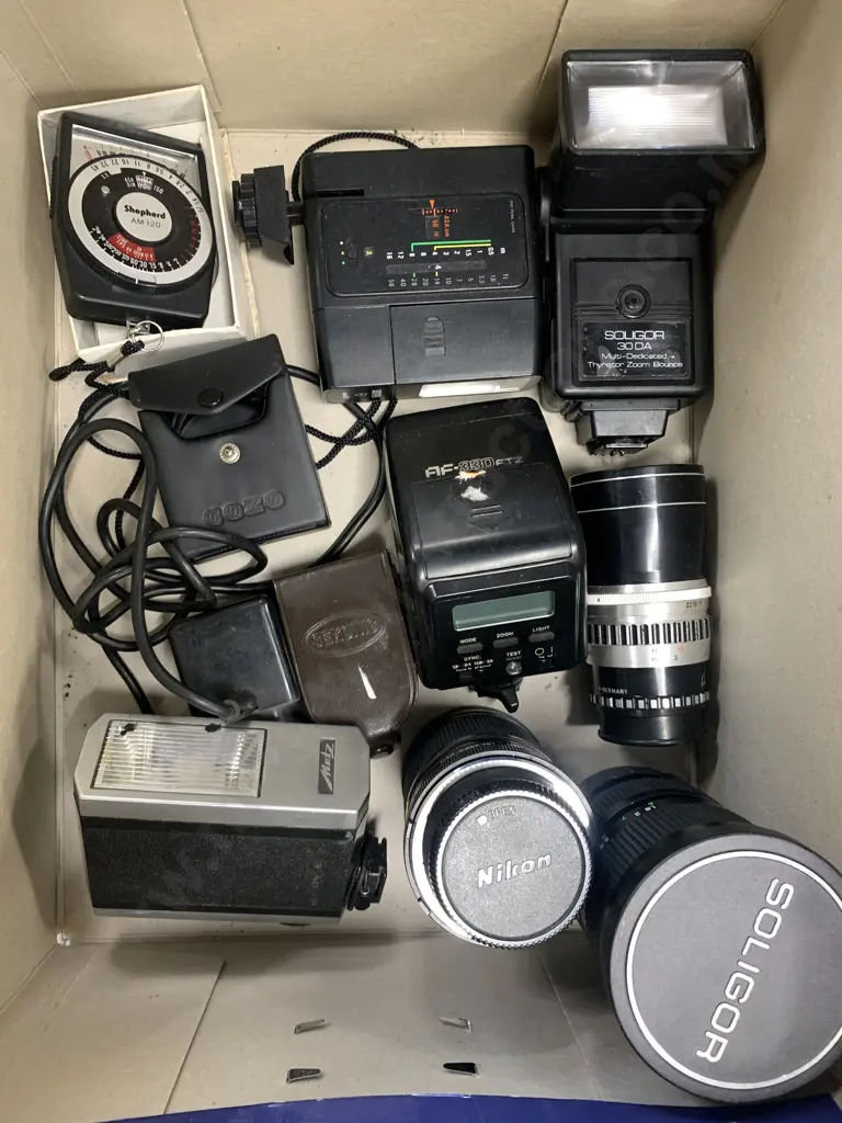 Box Lot Camera Items, Soligor Lens, Nikon Flashes Etc Image 1++