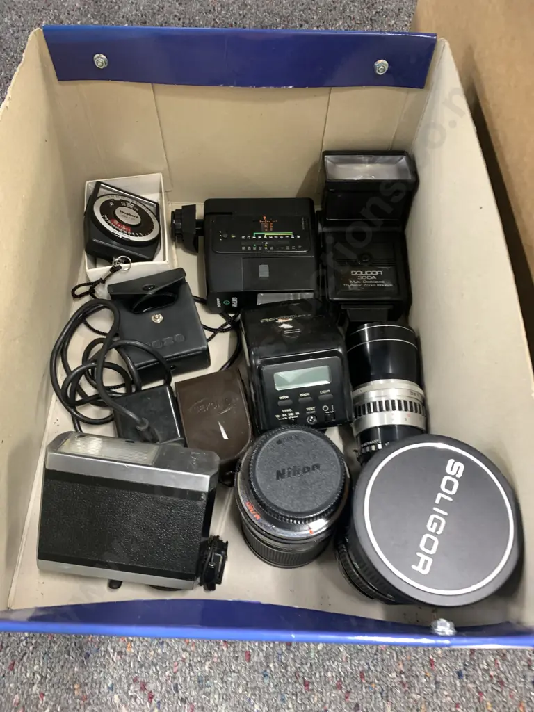 Box Lot Camera Items, Soligor Lens, Nikon Flashes Etc Image 1++