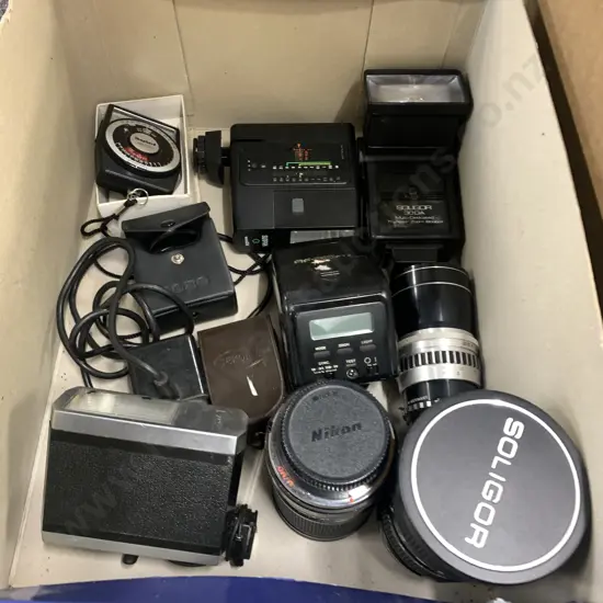 Box Lot Camera Items, Soligor Lens, Nikon Flashes Etc