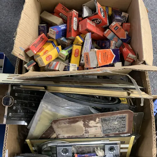 Box Vintage Assorted Radio Tubes, Face Covers, Radio Sundries Etc